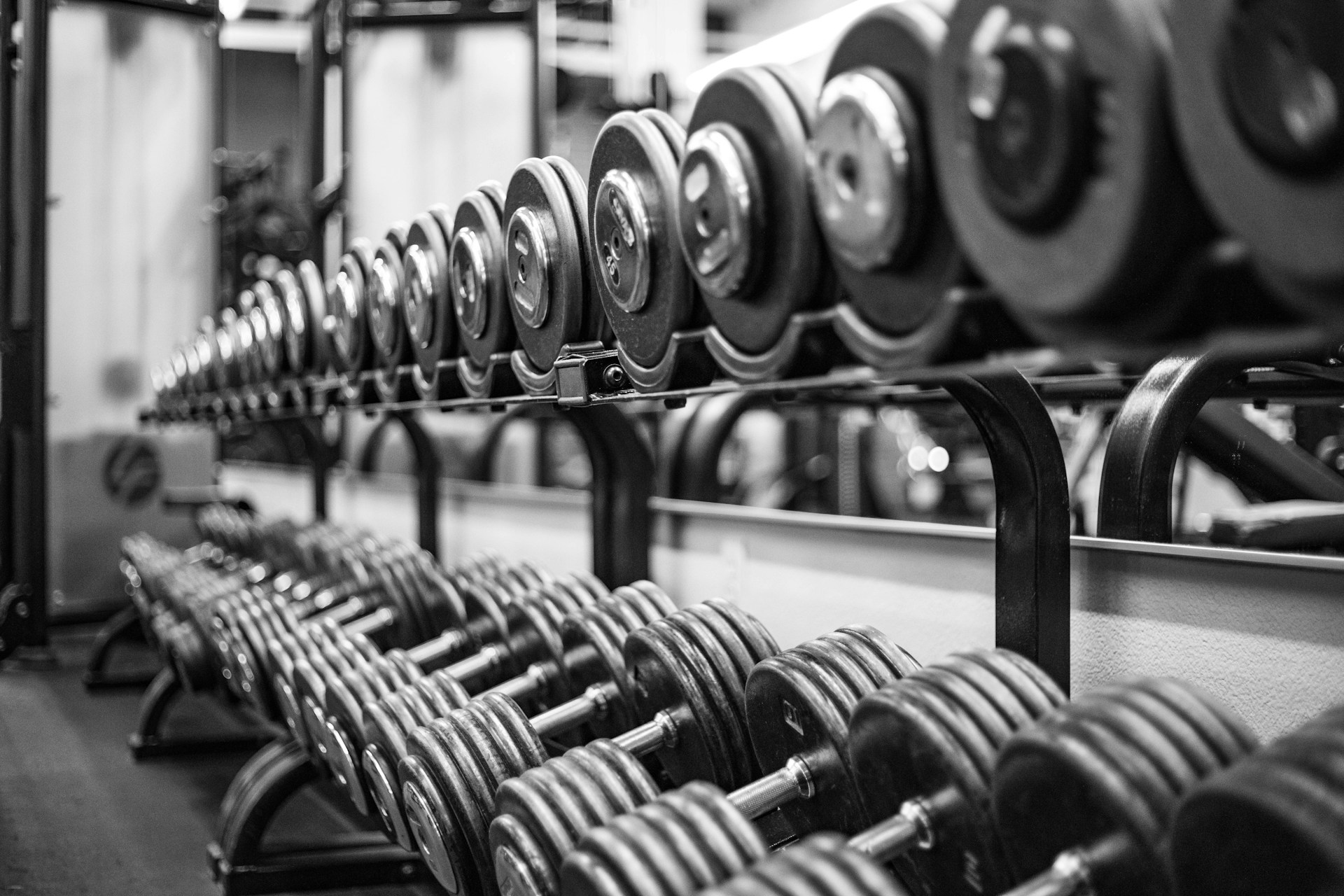 A rack of iron dumbbells